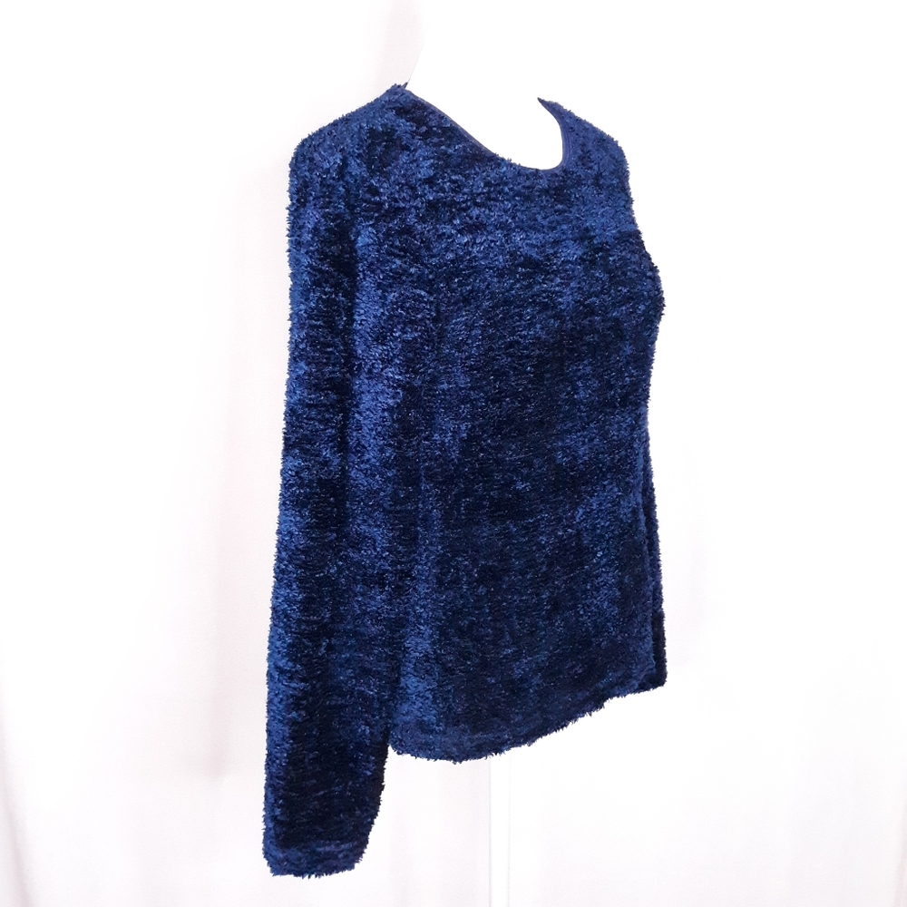 VINTAGE 90s Knit Works Cropped Plush Furry Stretch Sweater Peacock Blue Sz. L